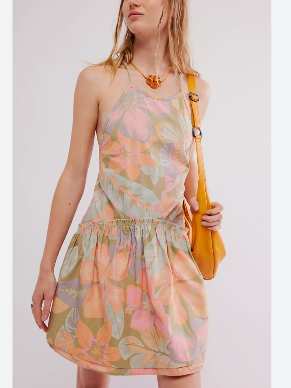 Free People Rainforest Combo DesPastel Floral Halter Mini Dress Size Large